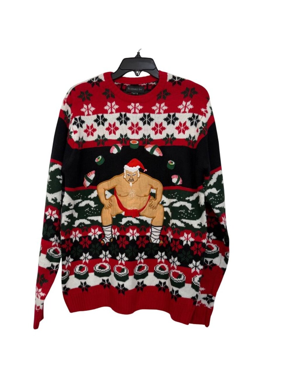 Blizzard Bay Mens Ugly Christmas Sweater Sushi Santa Sumo Size M